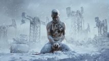 Frostpunk 2 release date: A bloody man chained in a snowy industrial area, with the word 'liar' written across his chest