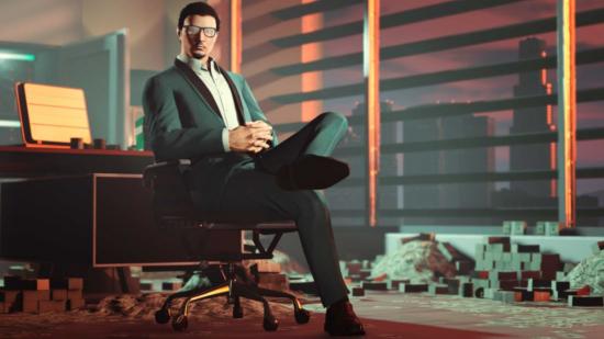 Grand Theft Auto V GTA Plus PC:: A man sits in an office chair in a room filled with cash