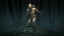Hunt: Showdown hunter Cain stands on a pile of human bones in a dark forest. He is bearded and heavily tattooed, and wears only a loincloth and a necklace of bones. He is armed with a flintlock pistol with a hatchet head on the muzzle.