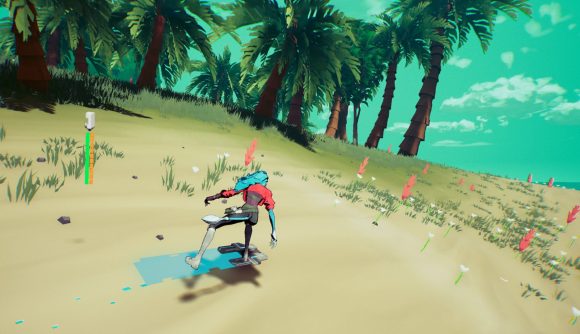 A character speeds across a beach on a hoverboard in Hyper Light Breaker.