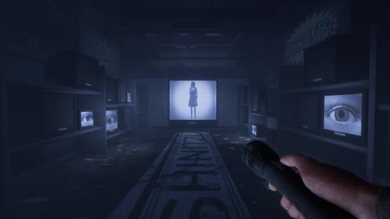 Television screens display close-ups of eyes and a girl's silhouette in a dark room in the game In Sound Mind