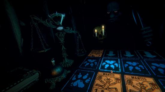 A shadowy face lit only by dim blue light is seen next to a pair of pliers and a skull with candles in its eyes across the table in Inscryption.