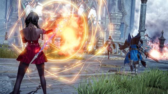 Lost Ark Steam account: A mage in the foreground casts a spell as others rush into battle