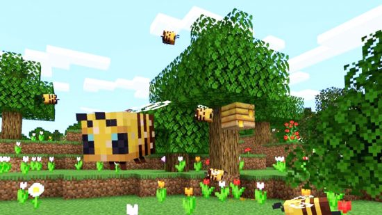 דבורים של Minecraft: דבורים עפות הרחק מכוורת מלאה דבש, מוקפות בפרחים