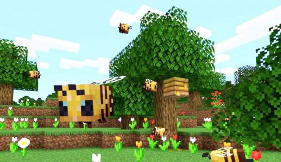 Minecraft bees: bees fly away from a beehive full of honey, surrounded by flowers