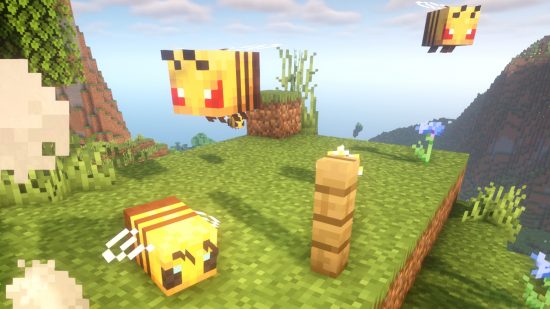 Minecraft Bees Hành vi: Ba con ong Minecraft, hai trong số đó tức giận, dí dỏm mắt đỏ cho thấy chúng đang tấn công