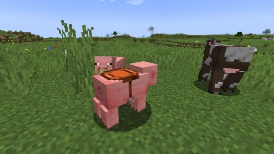 A pig with a saddle in Minecraft