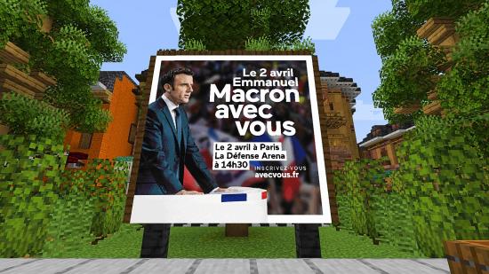 A poster of the French president in a Minecraft server
