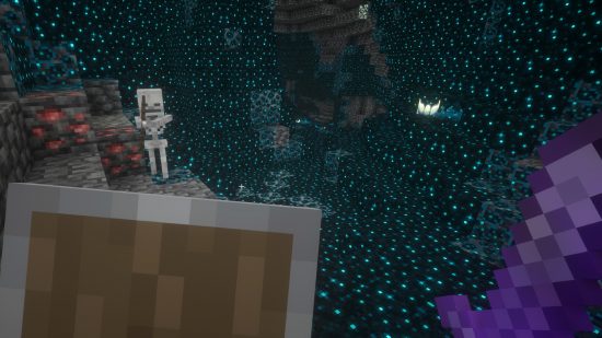 Minecraft Shield: de speler verdedigt zich in het diepe donker tegen een skelet