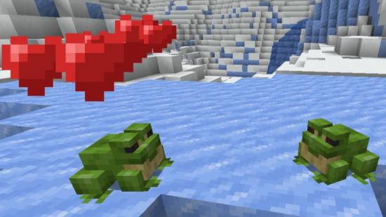 Minecraft snapshot 22w11a: Frogs on a lake, with one surrounded by hearts