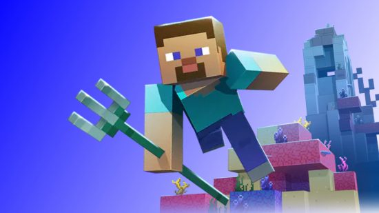Steve swims through the ocean, surrounded by colourful coral, while carrying a Minecraft trident.