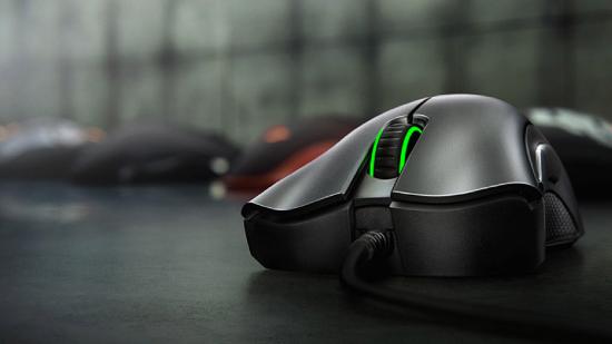 Razer DeathAdder gaming mouse with scroll wheel facing camera and other Razer mice in backdrop