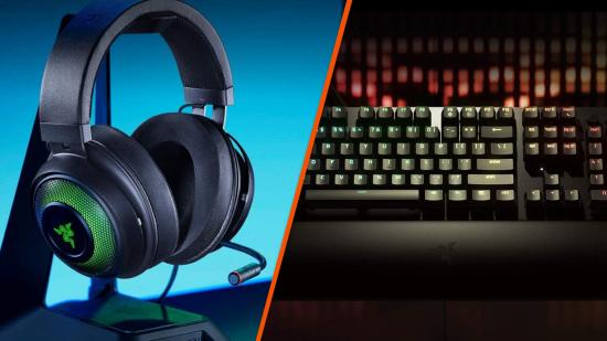 Razer keyboard and Razer headset images spliced together with a red line down the middle.