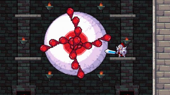 A knight faces a giant eyeball firing huge droplets of blood in Rogue Legacy.