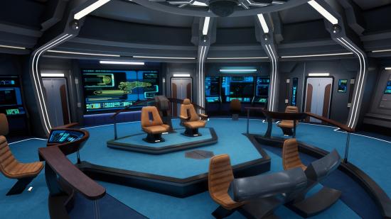The bridge of the USS Resolute in Star Trek: Resurgence, carpeted in blue.
