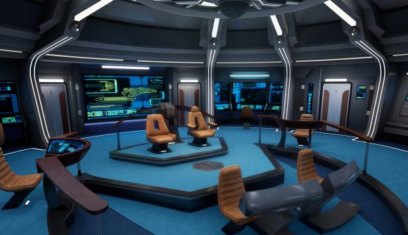 The bridge of the USS Resolute in Star Trek: Resurgence, carpeted in blue.