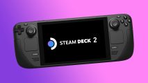 Steam Deck 2: Valve handheld with logo on screen on blue and purple backdrop