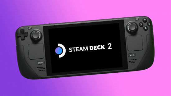 Steam Deck 2: Valve Handheld cu logo pe ecran pe fundal albastru și violet