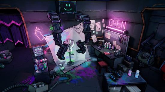 A cyberpunk-style modification booth, with two surgery arms dangling below a monitor that displays a smiley face, in Superfuse.