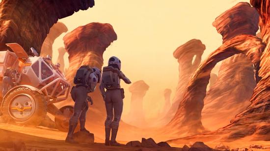 Two Terraform characters look out onto the planet of mars in this upcoming city builder