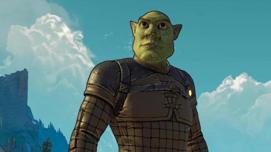 A Tiny Tina's Wonderlands character that's been customised to look like Shrek.