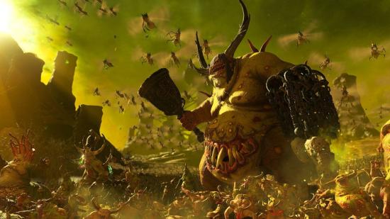 A Great Unclean One, a massive daemon of Nurgle, leads his forces in the chaos realms in Total War: Warhammer 3.