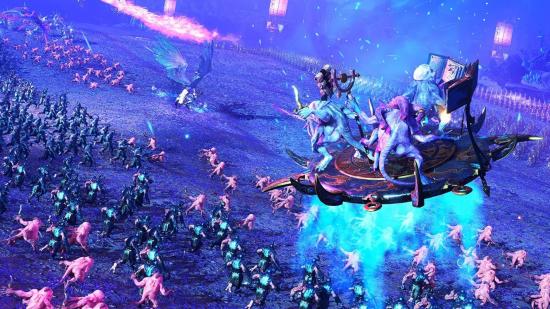 Blue Horrors of Tzeentch ride a flying disc in Total War: Warhammer 3, which should get a major patch at the beginning of April.