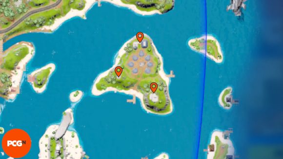Fortnite Omni Chip locations: Orange pins showing all three locations in Launchpad.