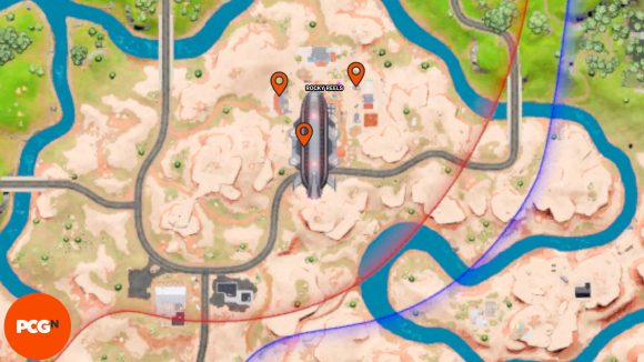 Fortnite Omni Chip locations: Orange pins showing all three locations in Rocky Reels.