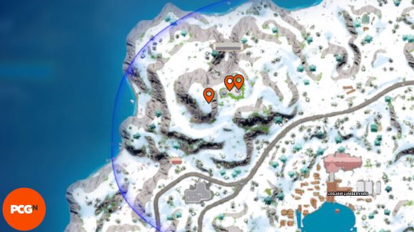 Fortnite Omni Chip locations: Orange pins showing all three locations in the Seven Outpost.