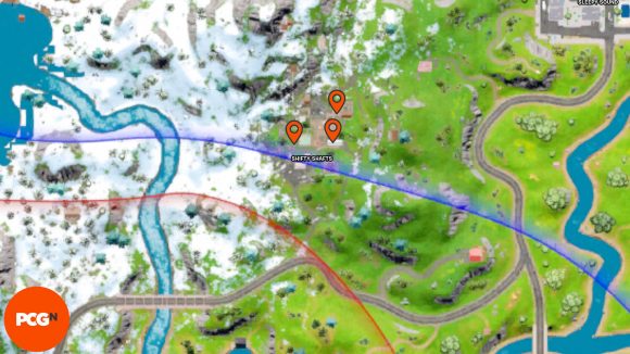 Fortnite Omni Chip locations: Orange pins showing all three locations in Shifty Shafts.