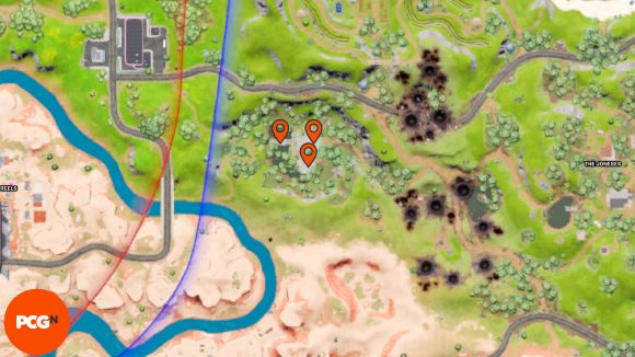 Fortnite Omni Chip locations: Orange pins showing all three locations in Tumbledown Temple.