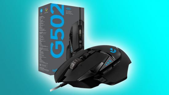 Logitech G502 Hero gaming mouse on blue backdrop