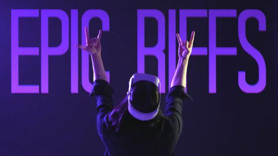 Oculus Quest 2 update: User wearing headset and making devil horn signs with hands with text "epic riffs" above