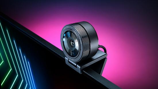 Razer Kiyo Pro webcam on monitor with pink backdrop