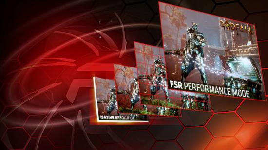 Marketing materials for AMD FSR, otherwise known as Fidelity FX Super Resolution, in which four frames sit stacked atop an obscured Radeon graphics card
