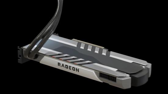 A 3D render of an AMD Radeon RDNA 3 GPU