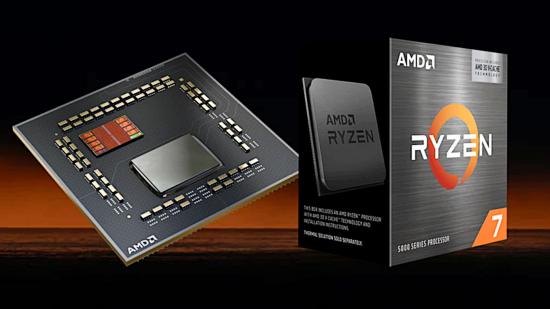 The AMD Ryzen 7 5800X3D retail packaging and delidded processor sit against a black and orange background