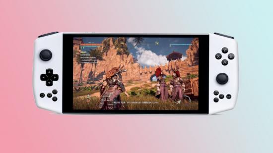 Ayaneo handheld gaming PC on blue and pink backdrop