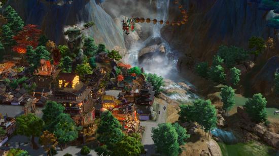 A brightly coloured dragon kite soars above a mountain village in Ballads of Hongye.