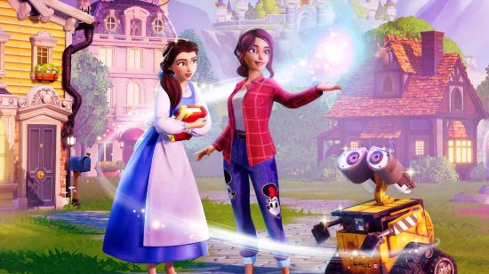 Best Disney games: Disney Dreamlight Valley, the early access life simulation game that blends Animal Crossing with the Disneyland experience - in this instance, the player character is wielding some form of magical light as Belle and WALL-E look on.