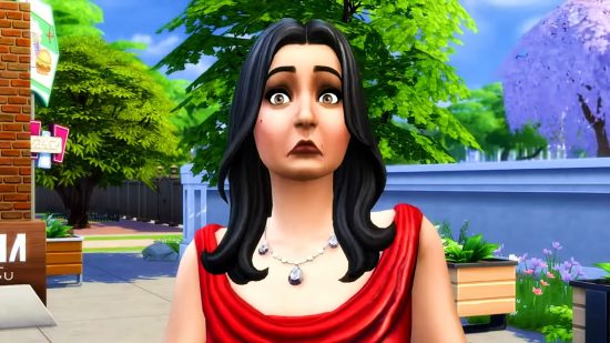 Best life game: a shocked woman in a red dress in The Sims 4