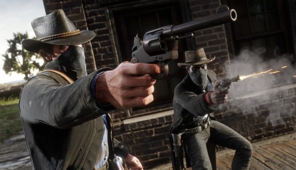 The best offline games: Two men in cowboy hats point waeapons at an unseen enemy