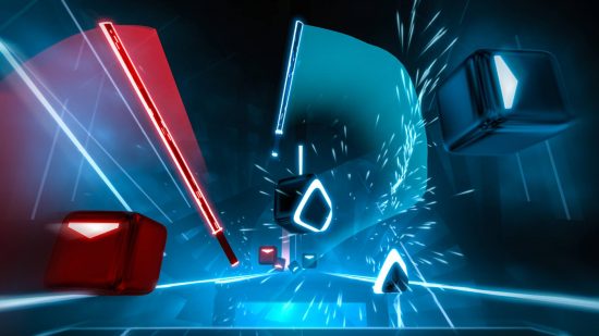 Waving around the coloured swords to hit the targets in one of the best rhythm games, Beat Saber.