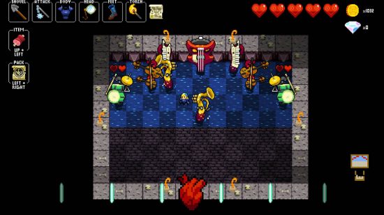 The player is about to spelunk around a dungeon to a sick beat in Crypt of the Necrodancer, one of the best rhythm games and also one of most unique games out there.