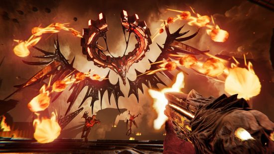 The Unknown fights through the infernal planes of Hell in Metal: Hellsinger, firing a weapon at a floating skull with wings and a satanic crown as it summons a stream of homing fireballs.