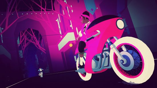 The masked protagonist drives a pink motorcycle down a surreal street flanked by trees, followed by another character on a blue motorcycle in Sayonara Wild Hearts, one of the best rhythm games.