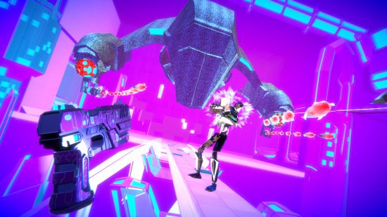 The player brandishing a pistol at a humanoid robot in Pistol Whip, as a strange sci-fi alien ship hovers close behind and fires off a stream of bullets.