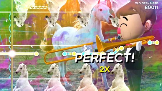 A psychedelic stage of Trombone Champ, featuring stock images of an old grey mare for the song Old Grey Mare as the player avatar, resembling a Mii, plays perfectly from the eponymous trombone.