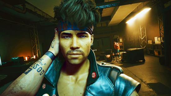 A man with tall dark hair is getting his face caressed in best RPG game Cyberpunk 2077